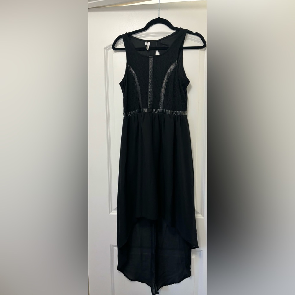 Long black Studio Y high low dress with beautiful leather fronting size 7/8.